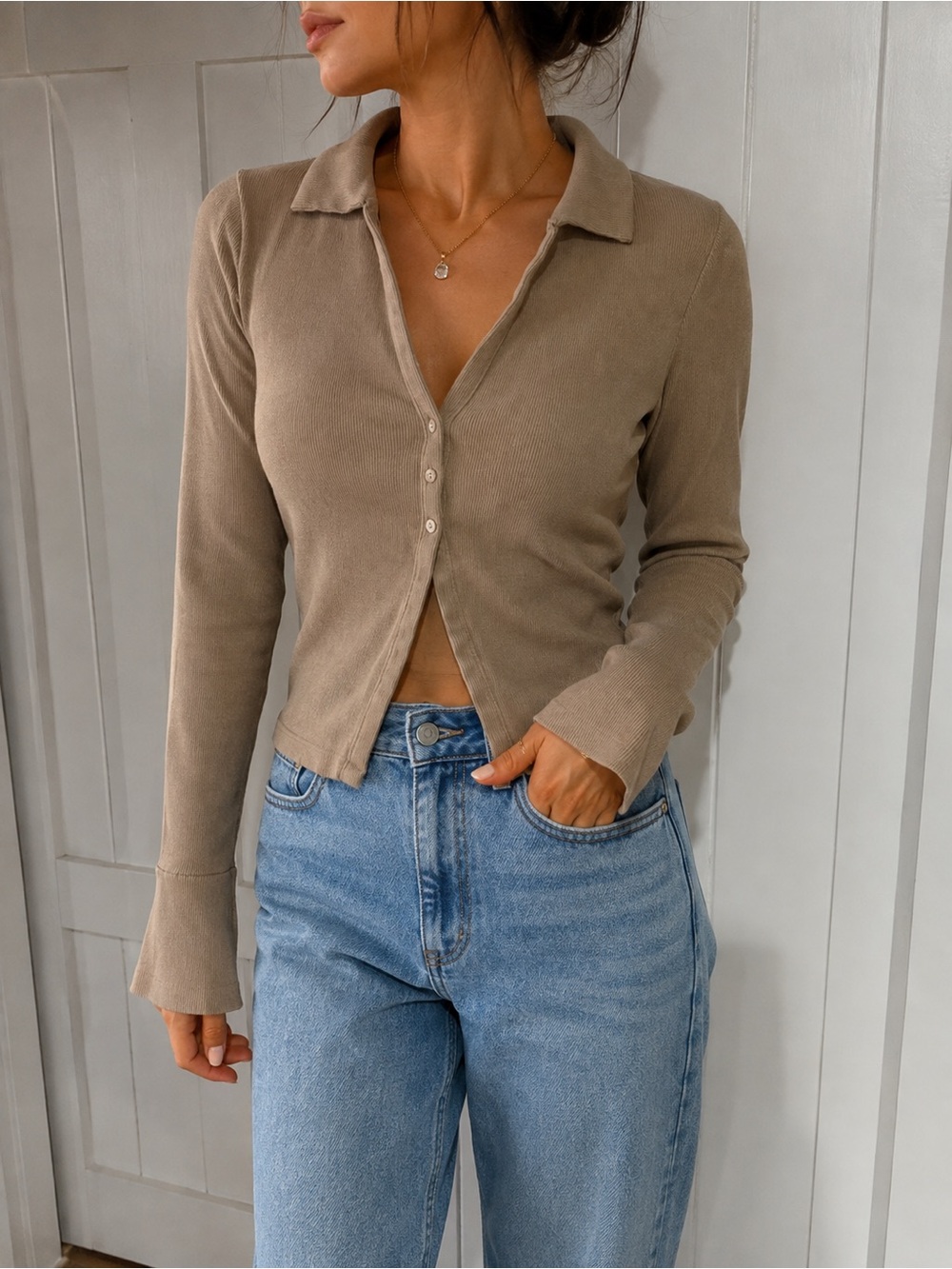 Dynamite Ribbed Taupe Button-Front Collared Knit Top